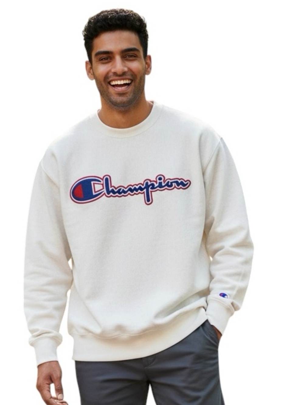 Champion Men's Crewneck Size Large Sweatshirt in Cream White with Script Logo